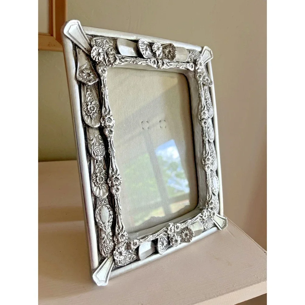 Vintage Ornate Picture Photo Frame Silver Metal Flatware Spoon Ends Handles 5x7